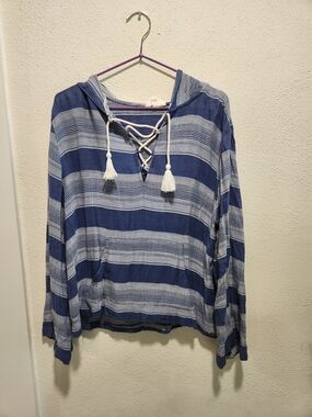 Roxy Blue & White Striped Lace-Up Hooded Top